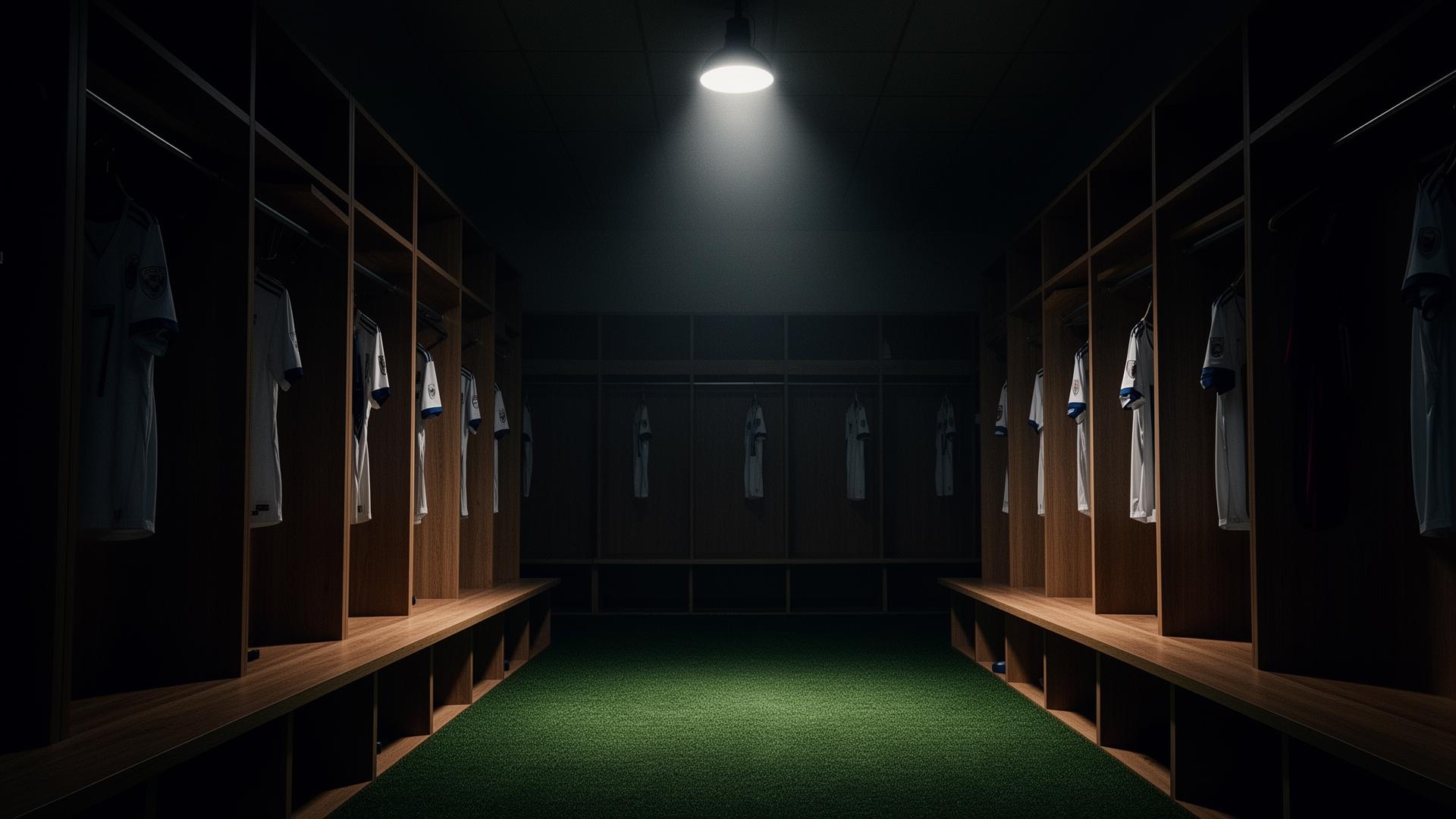 Empty locker room at night with jerseys hanging in cubbies
